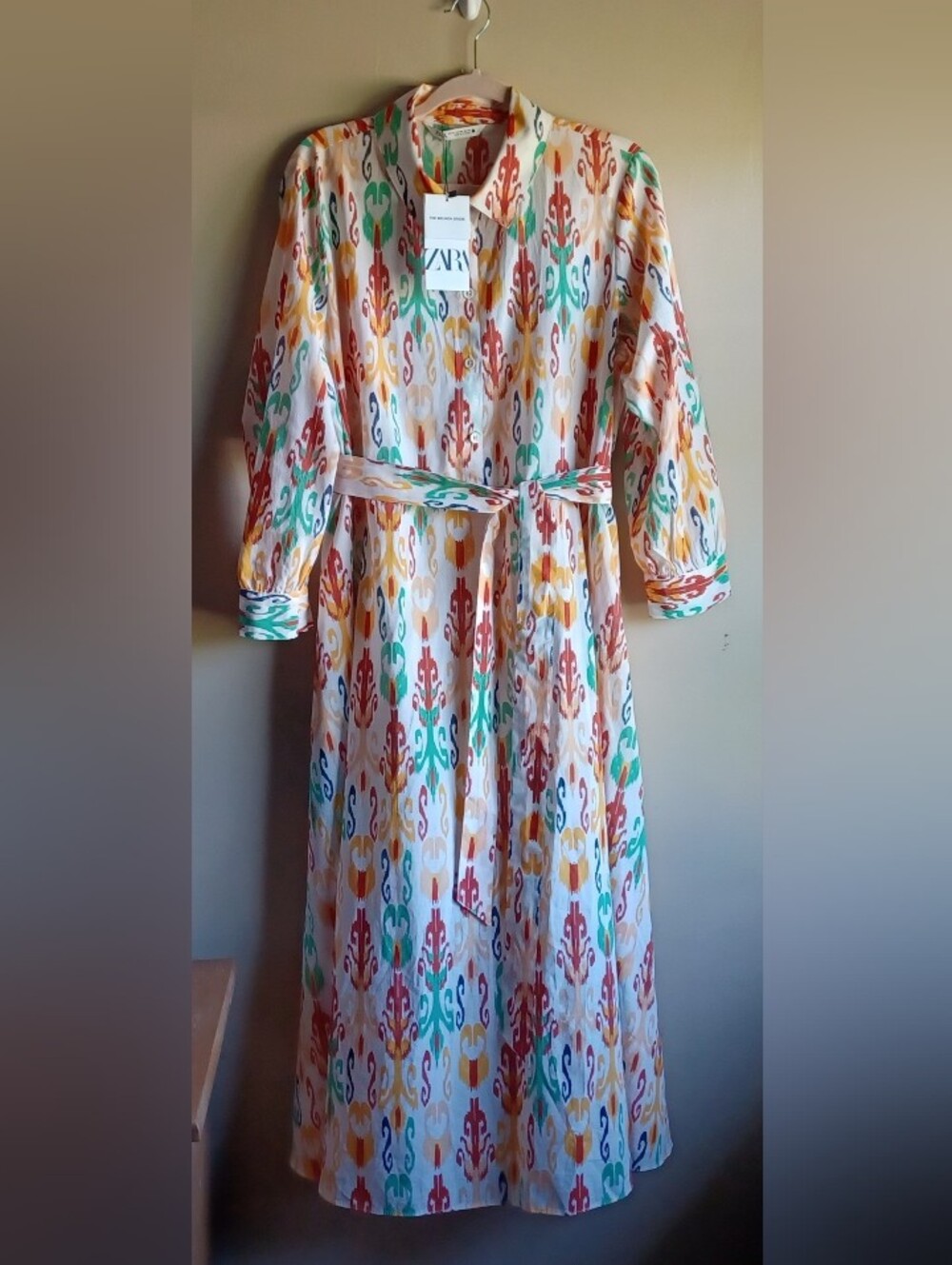 NWT ZARA The Melinda Cotton midi Dress In Cream, Green XXL